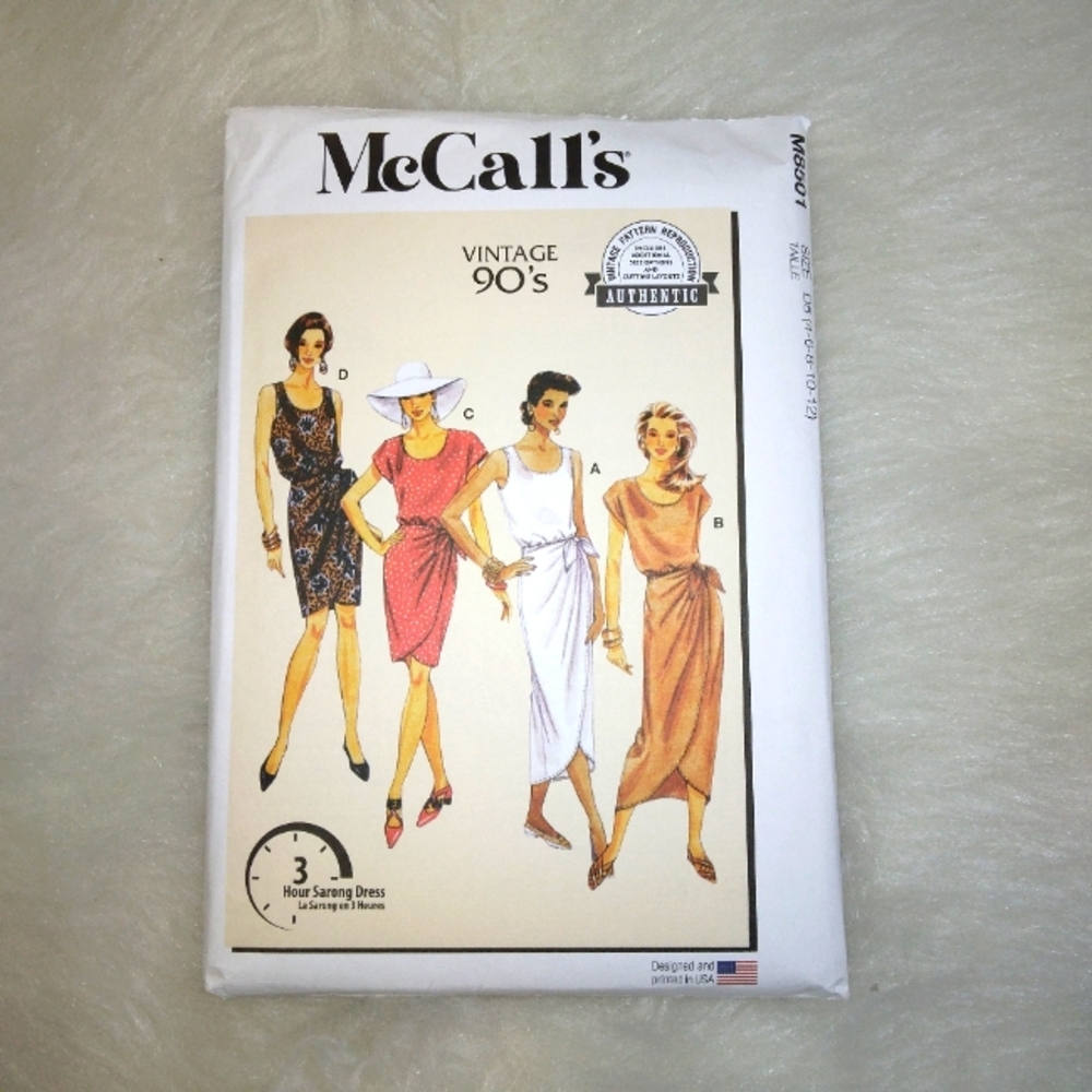 MCCALL'S M8501 Sz 4-12  Mock Sarong Dress in 2 Lengths, 1990s Style